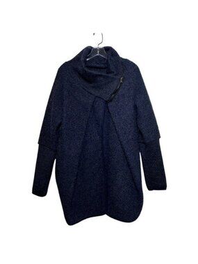 Colorine Paris Italy Wool Blend Asym Zip Cowl Neck Cardigan Coat Blue Boho